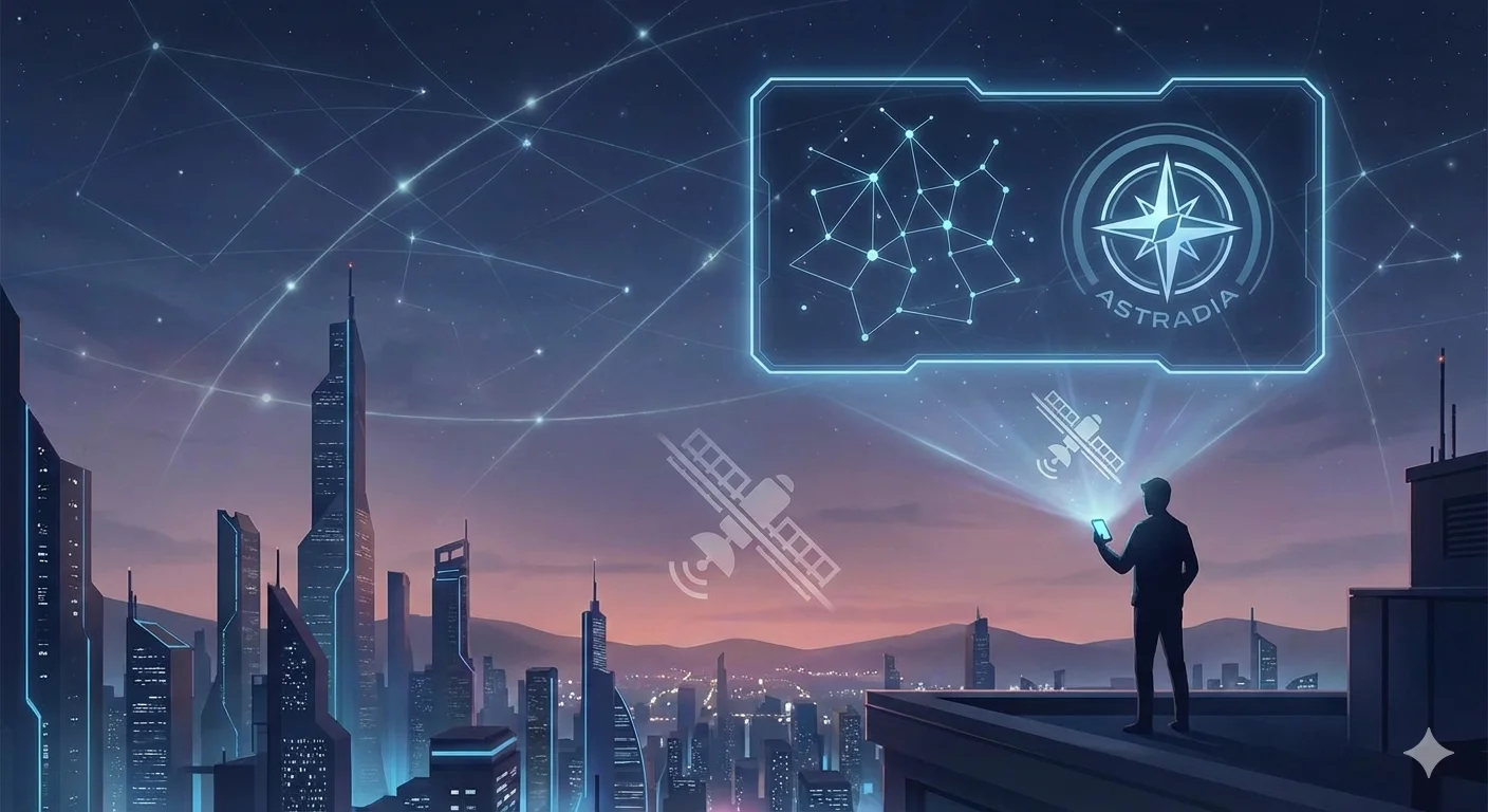 A person on a skyscraper rooftop uses a handheld device projecting a holographic interface of the revolutionary navigation technology Astradia, featuring a celestial map and compass, with satellites in the night sky above a futuristic city.