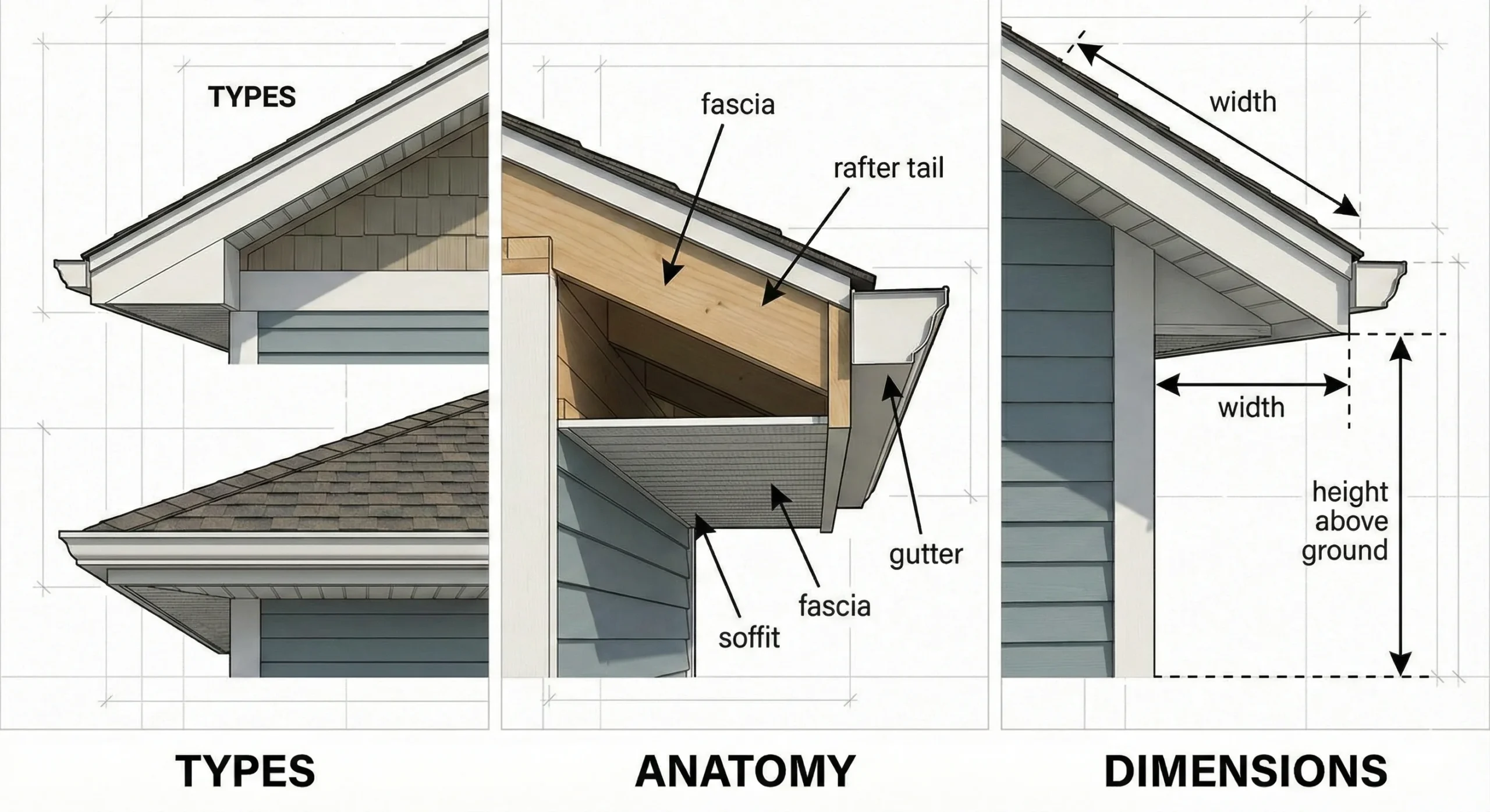 A three-panel technical illustration guiding roof overhangs, showing "TYPES" on gable and hip roofs, "ANATOMY" with labeled parts like fascia and soffit, and "DIMENSIONS" defining width and height.
