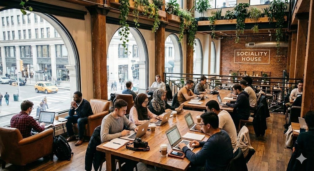 Interior view of sociality house, a modern industrial-chic coffee shop and coworking space featuring large arched windows, hanging plants, and diverse creators, including women wearing hijabs, working on laptops at communal wooden tables.