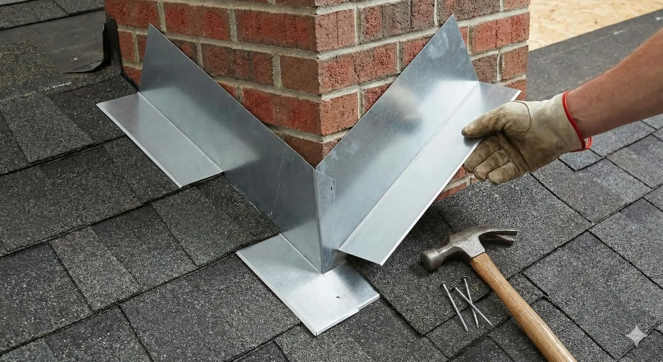 A close-up photograph of a gloved hand installing metal step flashing roof components around the corner of a brick chimney, with a hammer and nails resting on the asphalt shingles.