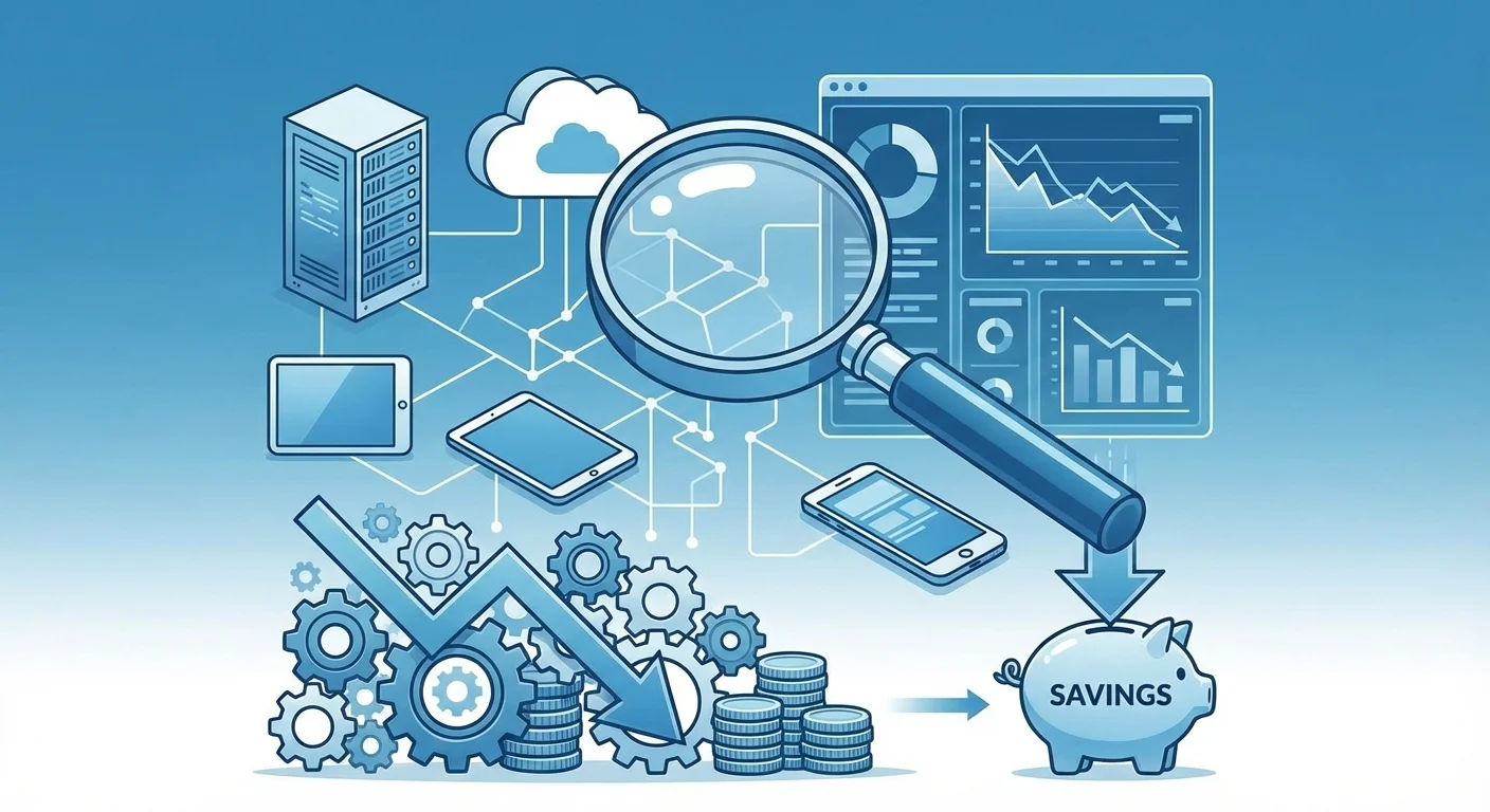 An illustration showing a magnifying glass inspecting a network of digital devices and cloud services, with gears and coins leading to a piggy bank labeled "SAVINGS," symbolizing the process and benefits of technology expense management.