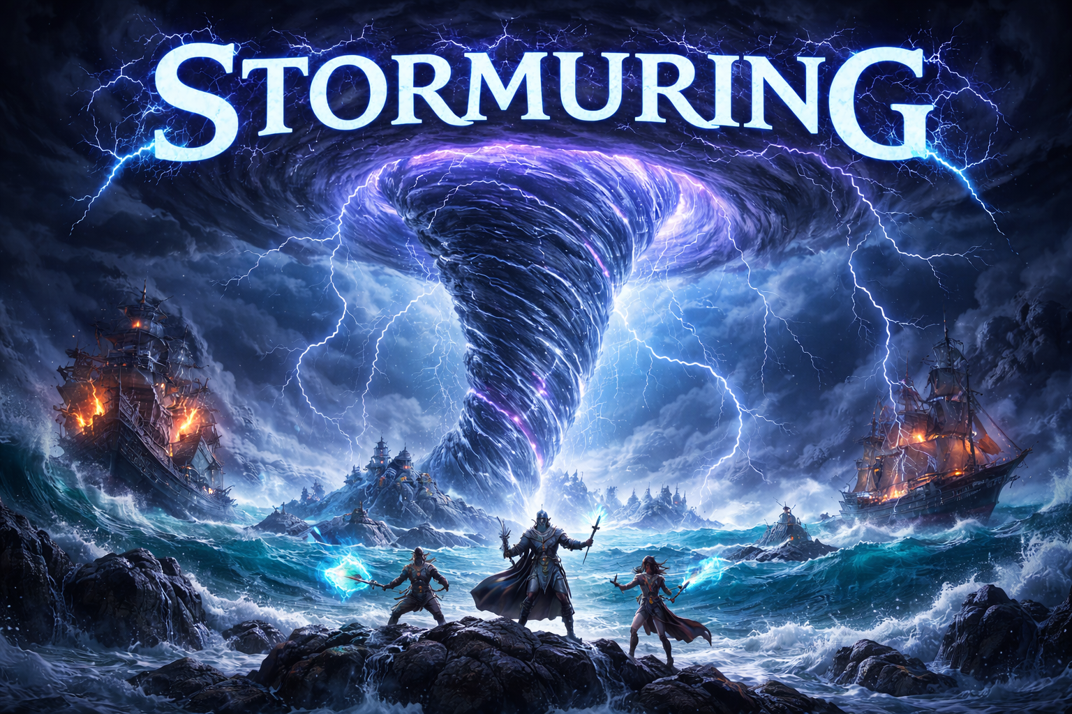 "Stormuring digital artwork featuring a giant tornado with electric lightning, surrounded by a sorcerer, warrior, and archer on a rocky ledge facing the tempest."
