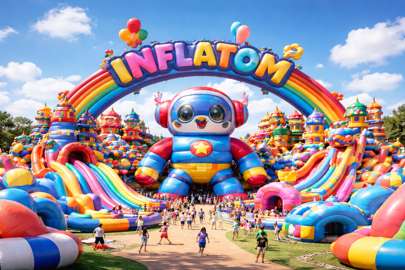 "Inflatom giant inflatable amusement park with colorful slides, a towering robot mascot, and families enjoying the vibrant attractions."