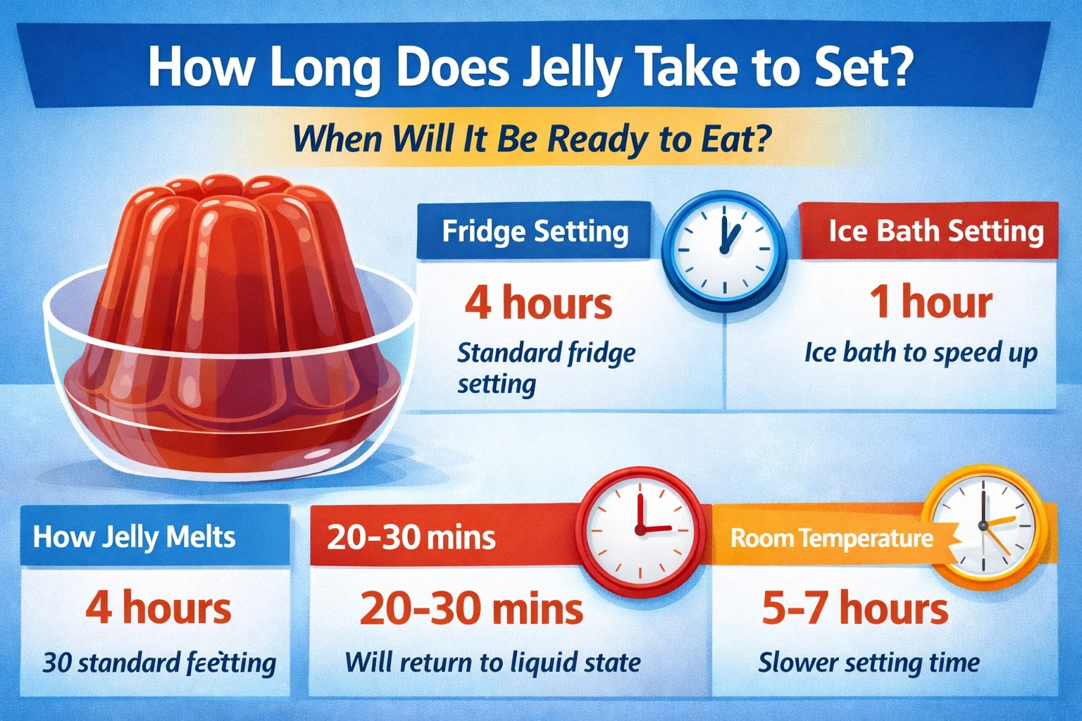 How Long Does Jelly Take to Set?" showcasing a red jelly dessert in a bowl with clocks and labels for different setting times: Fridge (4 hours), Ice Bath (1 hour), Room Temperature (5-7 hours), and Melting Time (20-30 minutes).