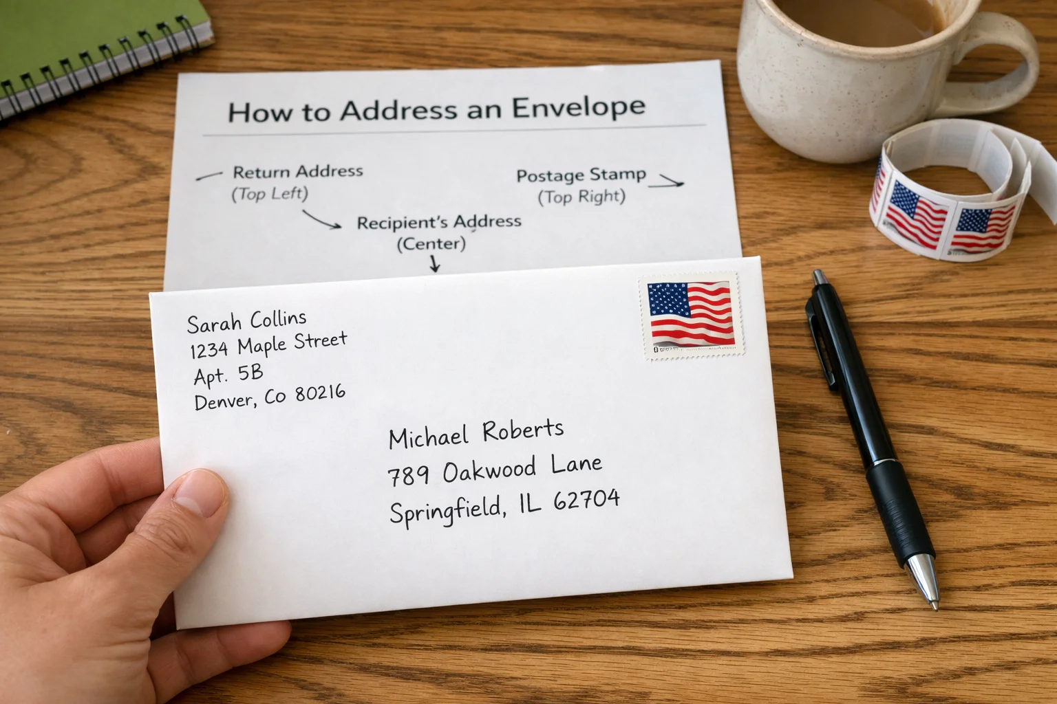 A guide on how to address an envelope, featuring a neatly addressed envelope with both return and recipient addresses, a postage stamp, and clear visual markers for placement.