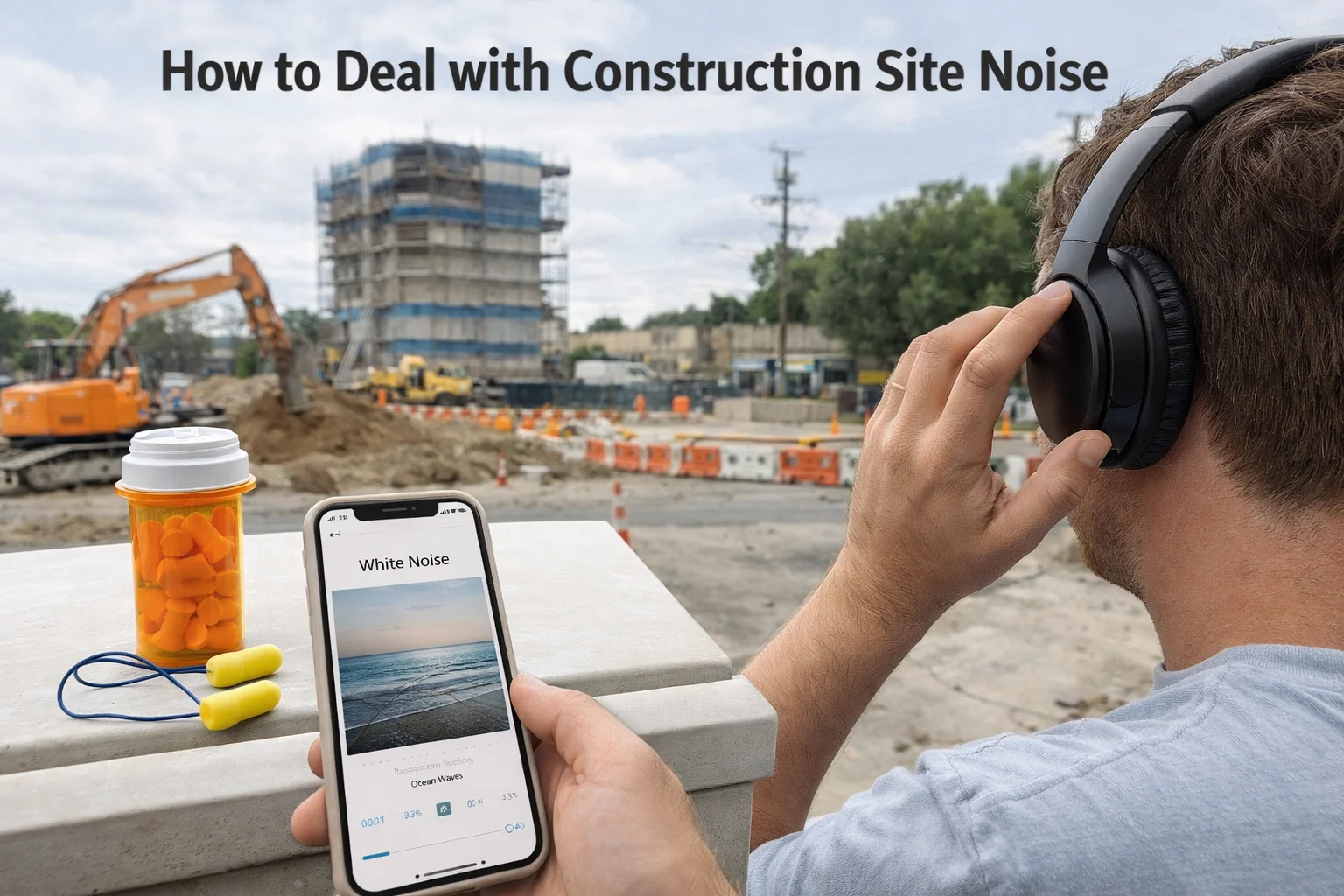 Infographic providing practical tips on dealing with construction site noise, including using noise-canceling headphones, planning activities around peak hours, using white noise and earplugs, and contacting authorities if needed.