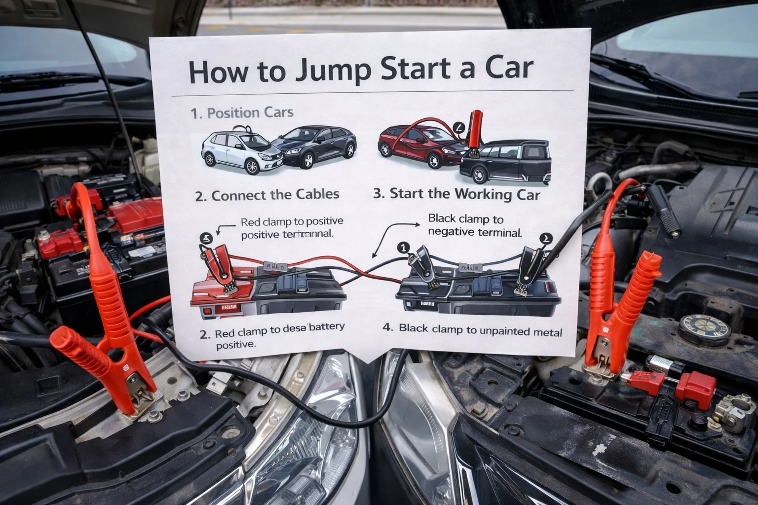 An instructional guide on how to jump-start a car, showing two cars with jumper cables connected, alongside a step-by-step sheet explaining the process.