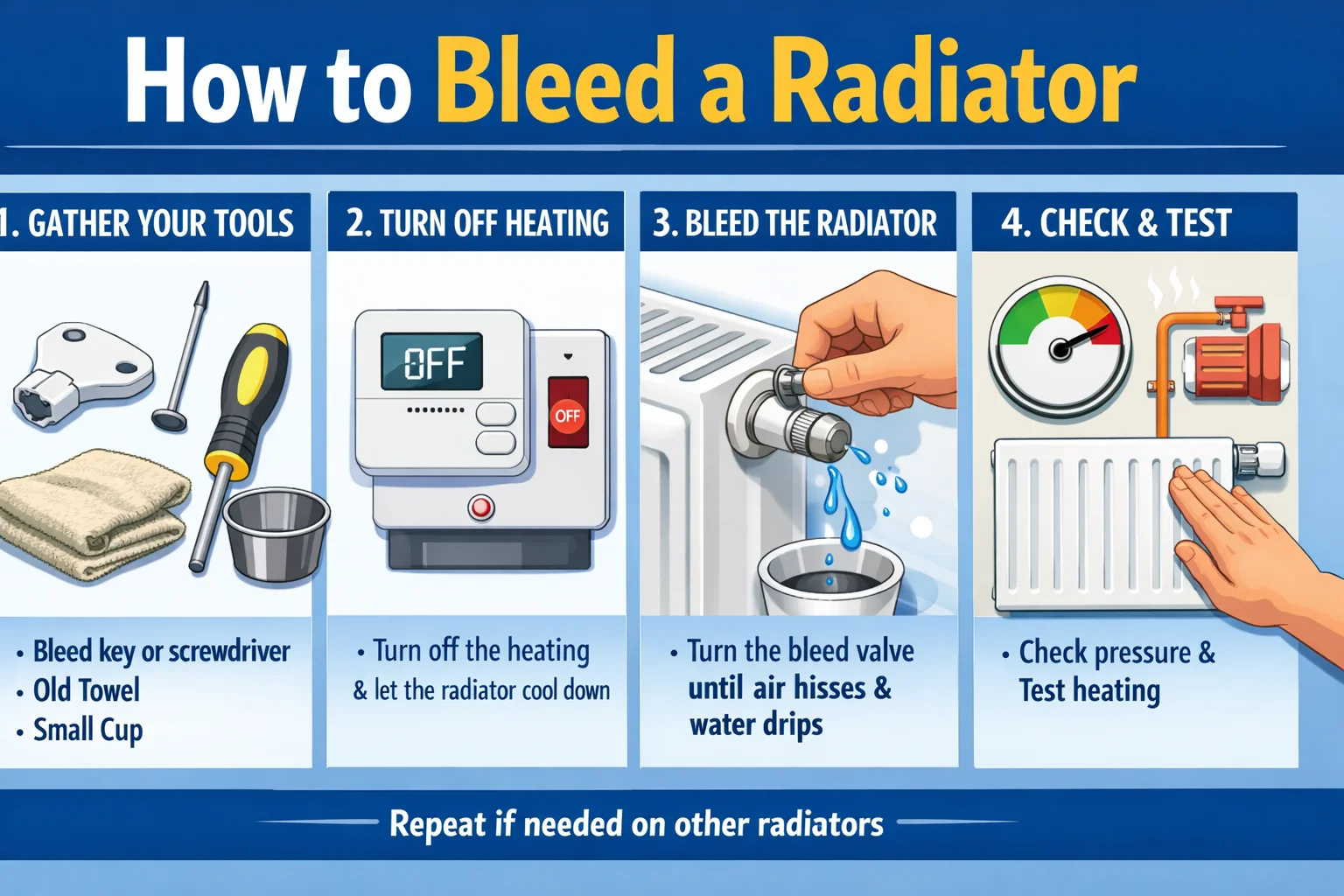 Infographic showing step-by-step instructions on how to bleed a radiator, including gathering tools, turning off heating, bleeding the radiator, and checking the system's pressure and performance.