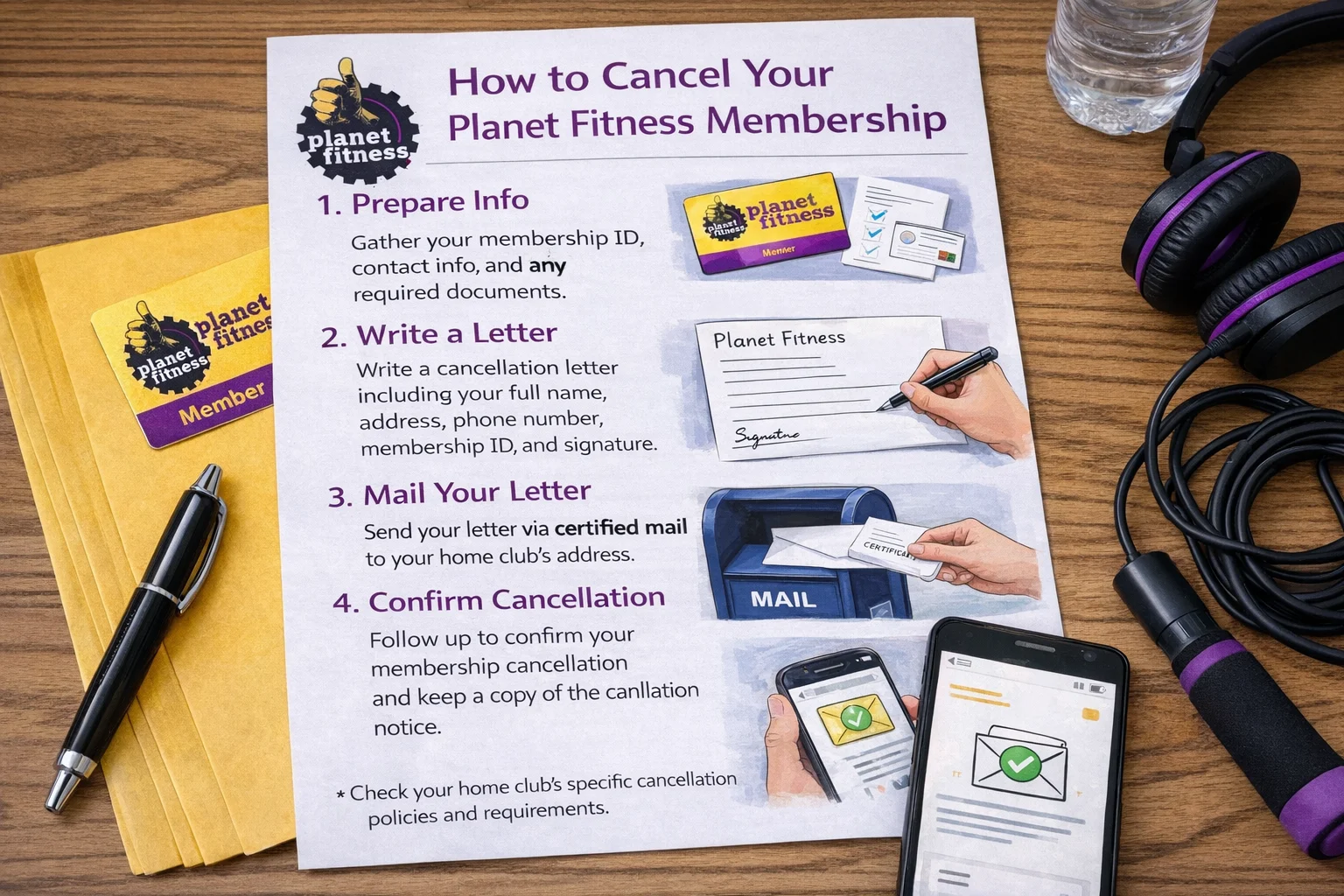 An instructional guide on how to cancel a Planet Fitness membership, with a step-by-step process shown alongside fitness items like a membership card, pen, and phone.
