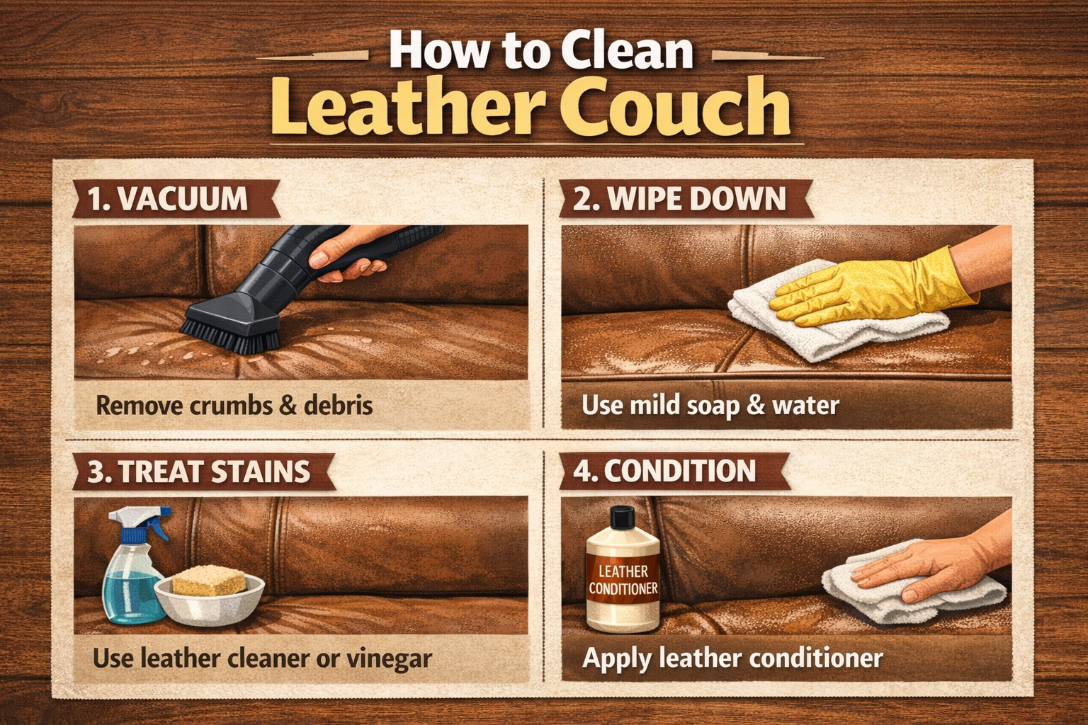 "Step-by-step guide on how to clean a leather couch, featuring vacuuming, wiping down, treating stains, and conditioning leather."