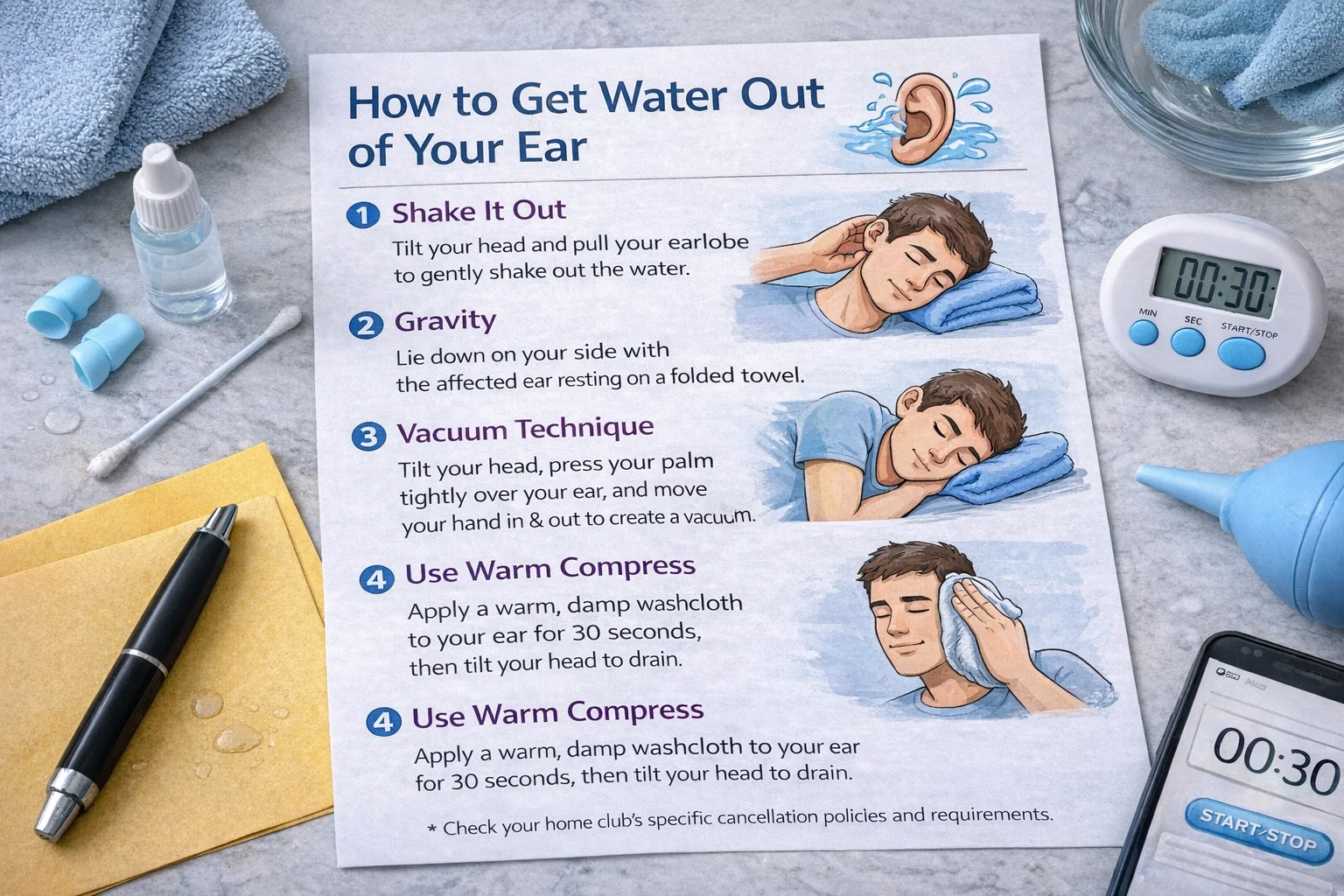 A step-by-step guide on how to get water out of your ear, featuring instructions for shaking, gravity, vacuum technique, and using a warm compress.
