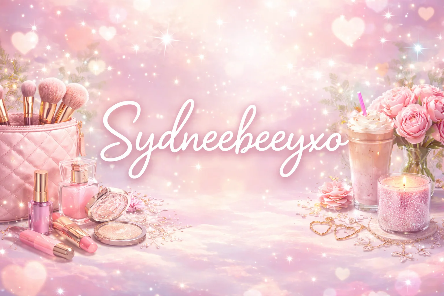 "Username 'Sydneebeeyxo' in cursive, surrounded by makeup, perfume, and flowers on a pastel background."