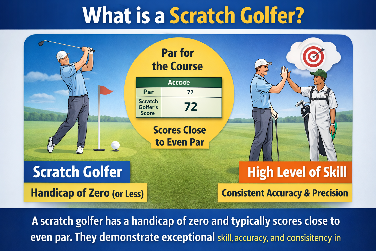 What is a Scratch Golfer? Infographic showing a golfer with a handicap of zero, scoring near par, and demonstrating high skill, accuracy, and precision in their game.