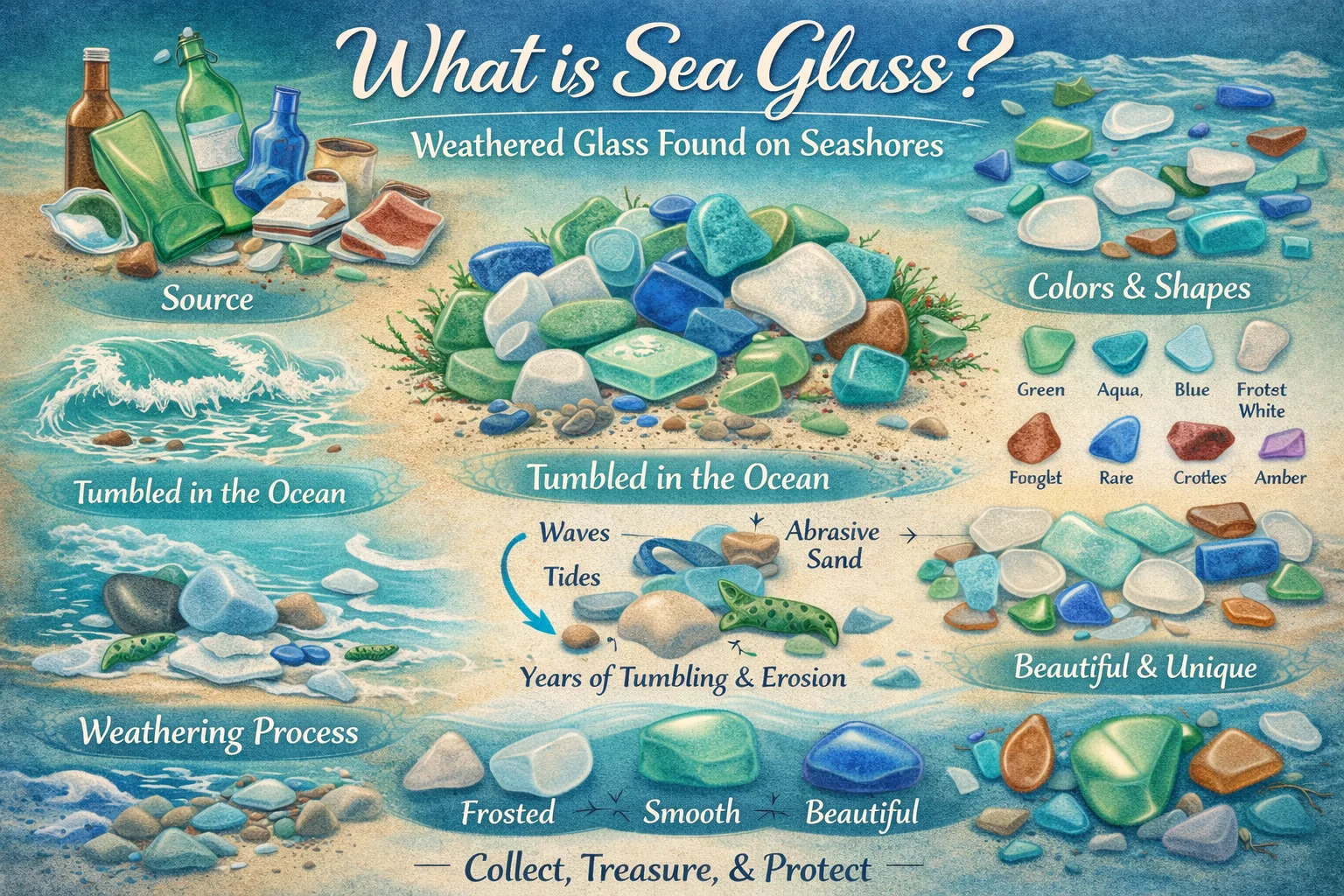 An educational illustration titled "What is Sea Glass?" showing the journey of weathered glass from its source to its final form. The image features sections labeled with key stages: the source of sea glass, the tumbling process in the ocean, the weathering effects, and the resulting beautiful colors and shapes of sea glass. The artwork includes vibrant glass pieces in various colors like green, aqua, blue, frosted white, amber, and rare shades.