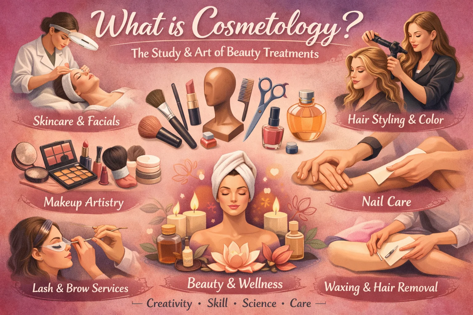 An educational digital illustration titled "What is Cosmetology?" showing a variety of beauty treatments such as skincare, makeup artistry, hair styling, and nail care. The artwork features a person receiving a facial treatment, along with items like makeup tools, hair care products, and bottles of beauty products, with labels emphasizing creativity, skill, science, and care.