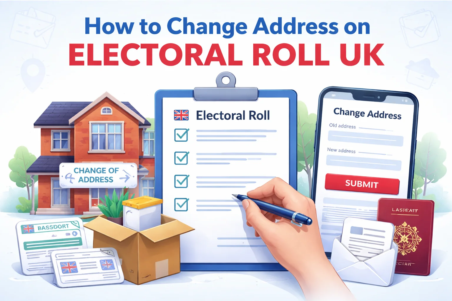 "Guide on how to change your address on the UK Electoral Roll with checklist, house, and phone displaying the form."