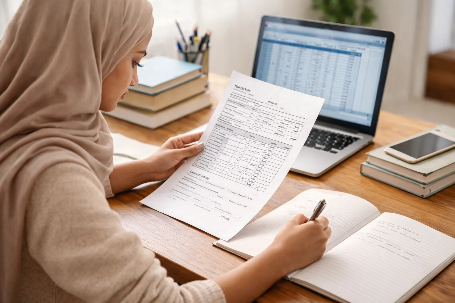 South Asian university student wearing hijab reviewing academic transcript and calculating CGPA at desk
