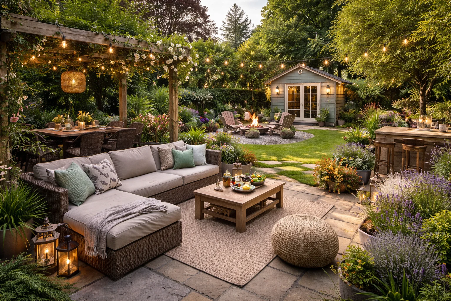 Back Garden Ideas – stylish UK backyard with pergola dining area, outdoor sofa seating, fire pit, garden shed, and colourful flower borders in wide landscape view.