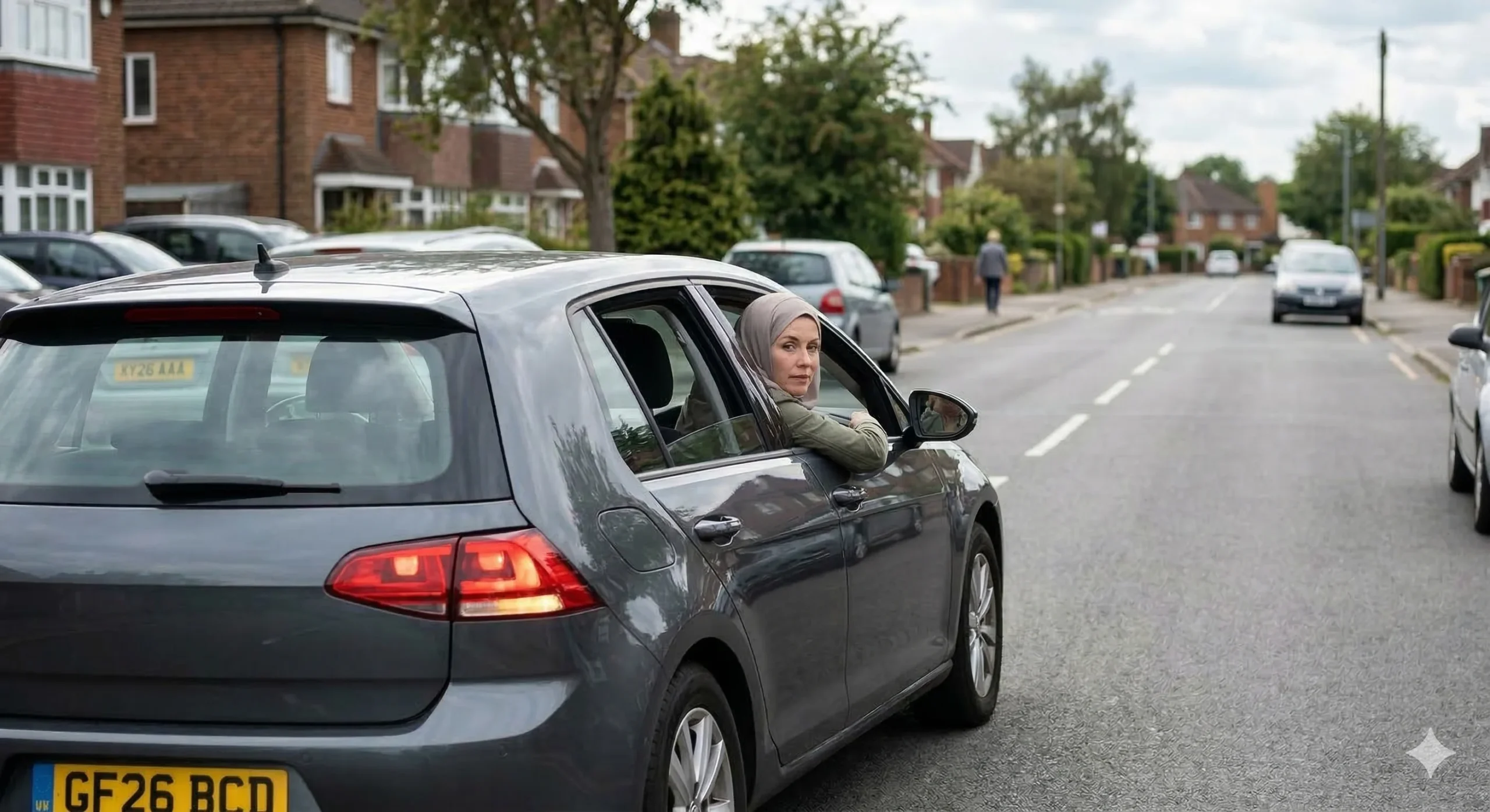 Woman wearing a hijab looking over her shoulder while reversing a grey car on a UK residential street, illustrating How Far Are You Allowed to Reverse.