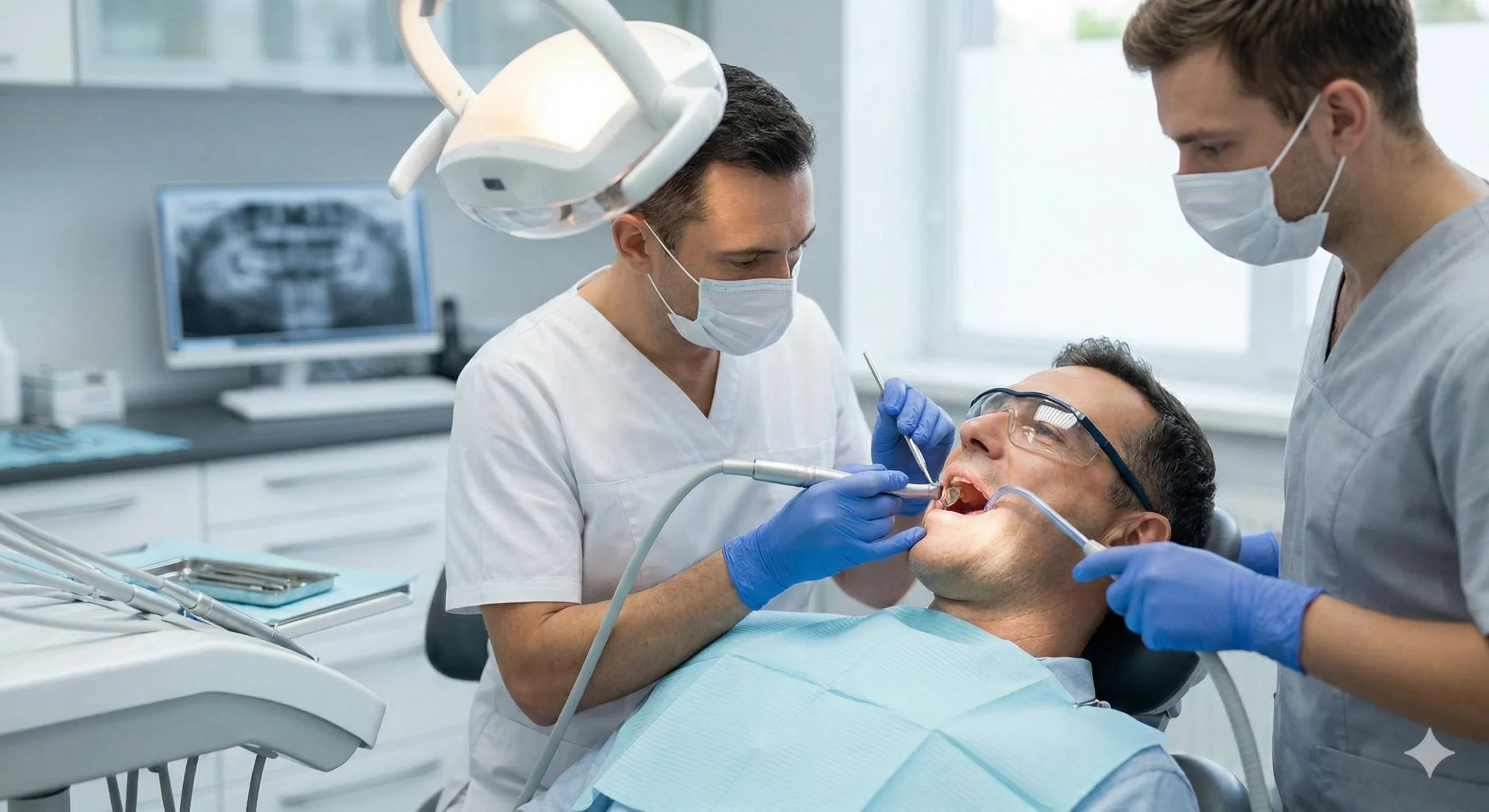 A close-up view of a dentist actively drilling a patient's molar during a 'drill and fill' procedure, which is the core action determining how long does it take to fill in a cavity.