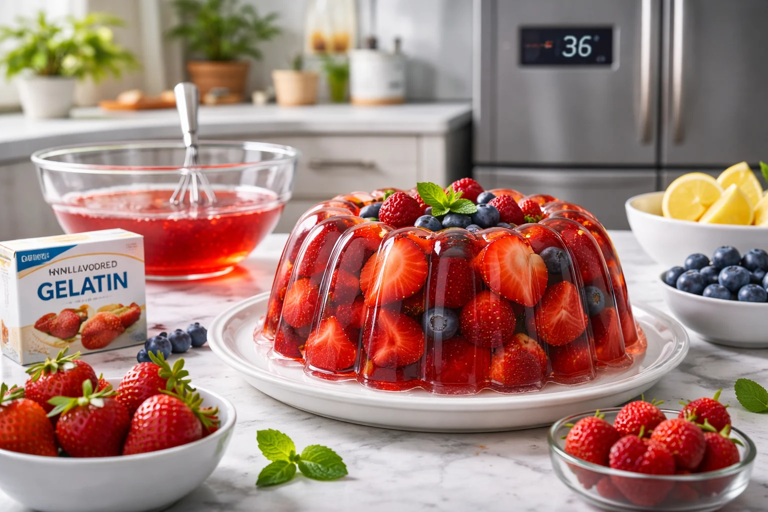 How Long Does Jelly Take to Set – freshly prepared fruit jelly mold with strawberries and blueberries on a kitchen counter.