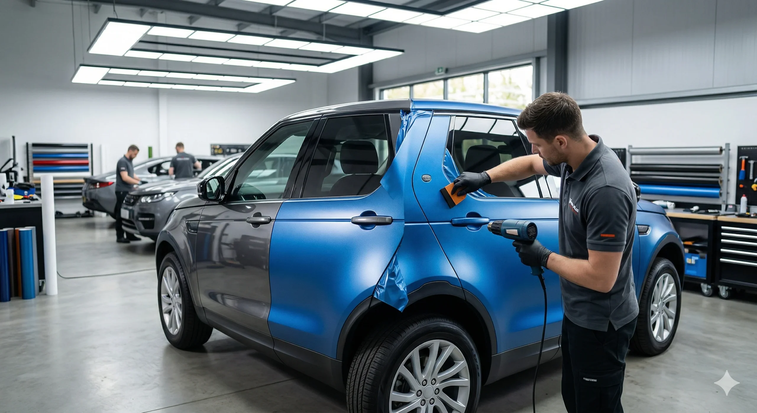 Professional technician applying a matte metallic blue vinyl wrap to a grey SUV, demonstrating the detailed work required when asking how much to wrap a car in the UK.