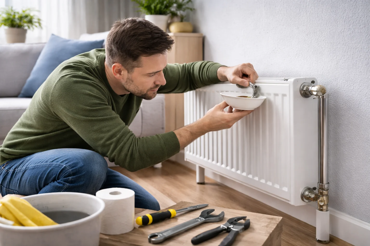 how to bleed radiators – man using a radiator key to release trapped air from a home heating radiator.