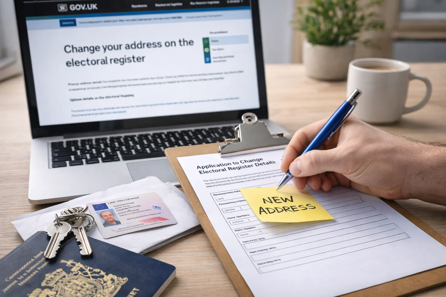 how to change address on electoral roll uk – person filling out address change form beside laptop showing GOV.UK electoral register page.
