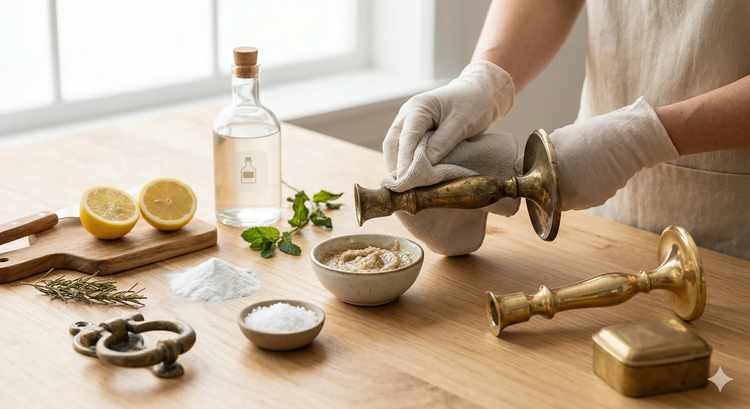 A realistic close-up photo of gloved hands cleaning tarnish off a brass candlestick holder, with lemons, vinegar, and baking soda nearby, illustrating a guide on How to Clean Brass.