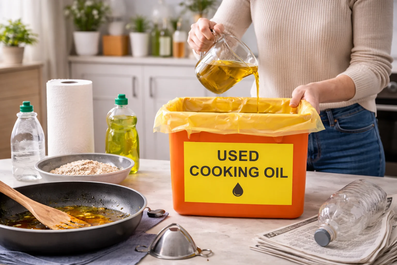 How to Dispose of Cooking Oil Safely – pouring used cooking oil into a container for proper disposal in a kitchen.