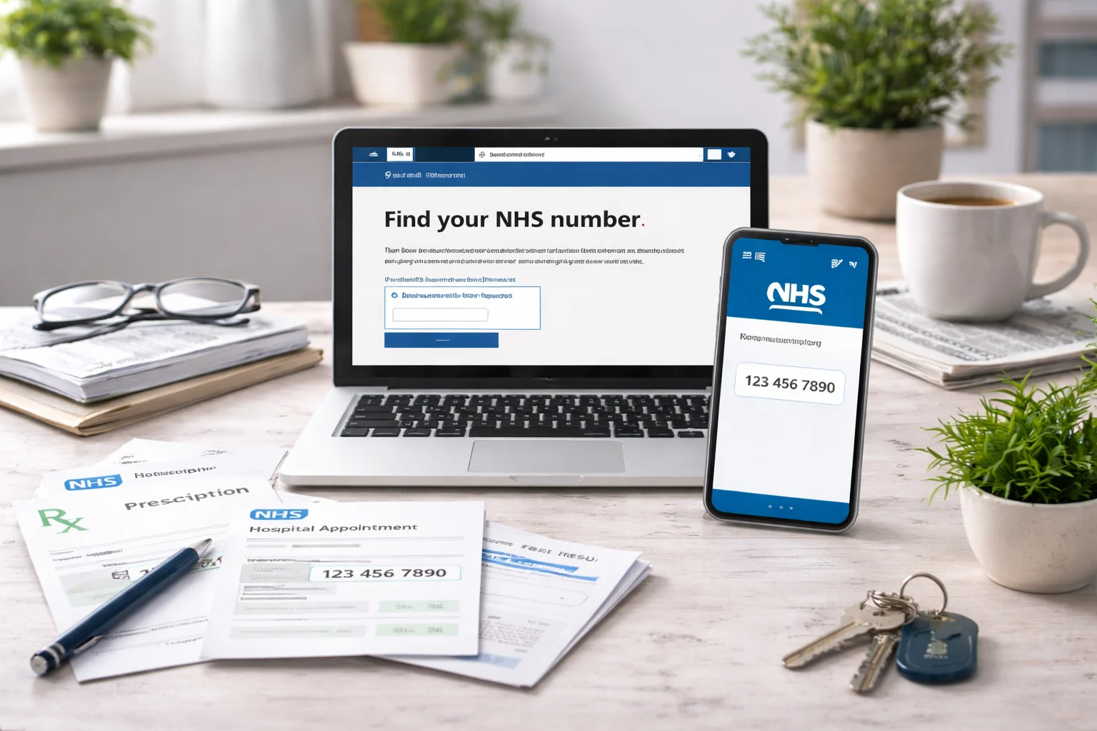 How to Find My NHS Number – laptop and smartphone showing NHS services with medical documents on a desk.