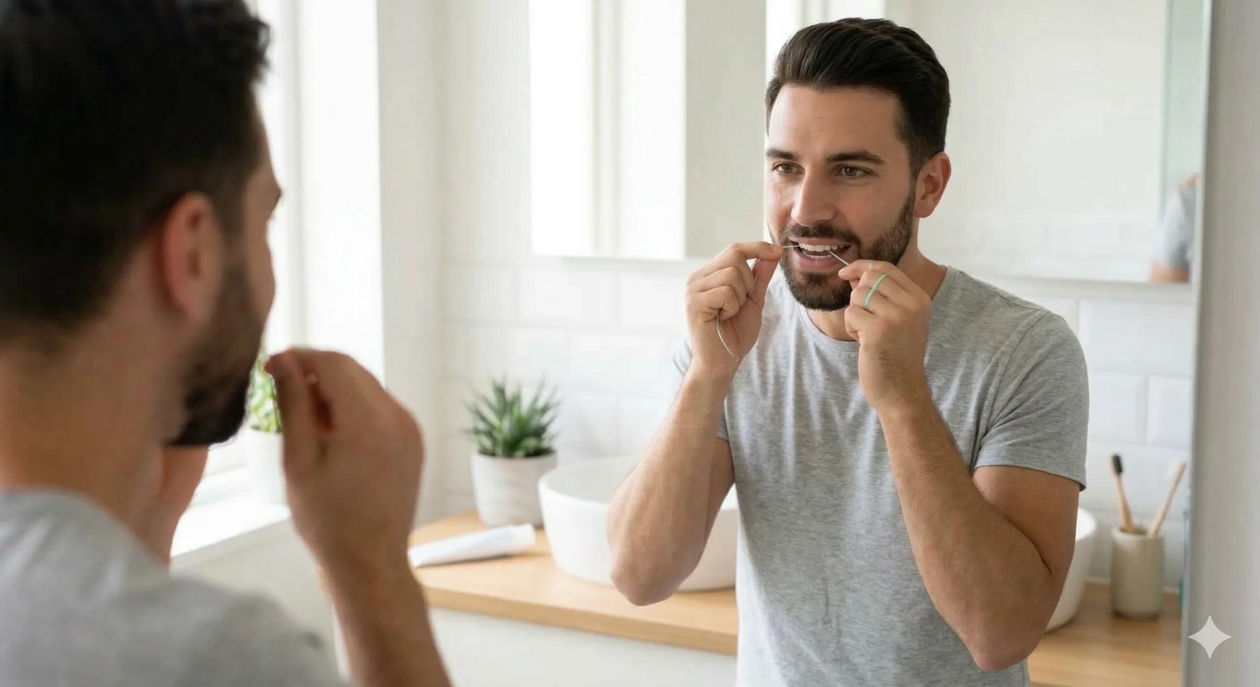 A man looks in a bathroom mirror while carefully demonstrating How to Floss Properly by guiding dental floss between his teeth.