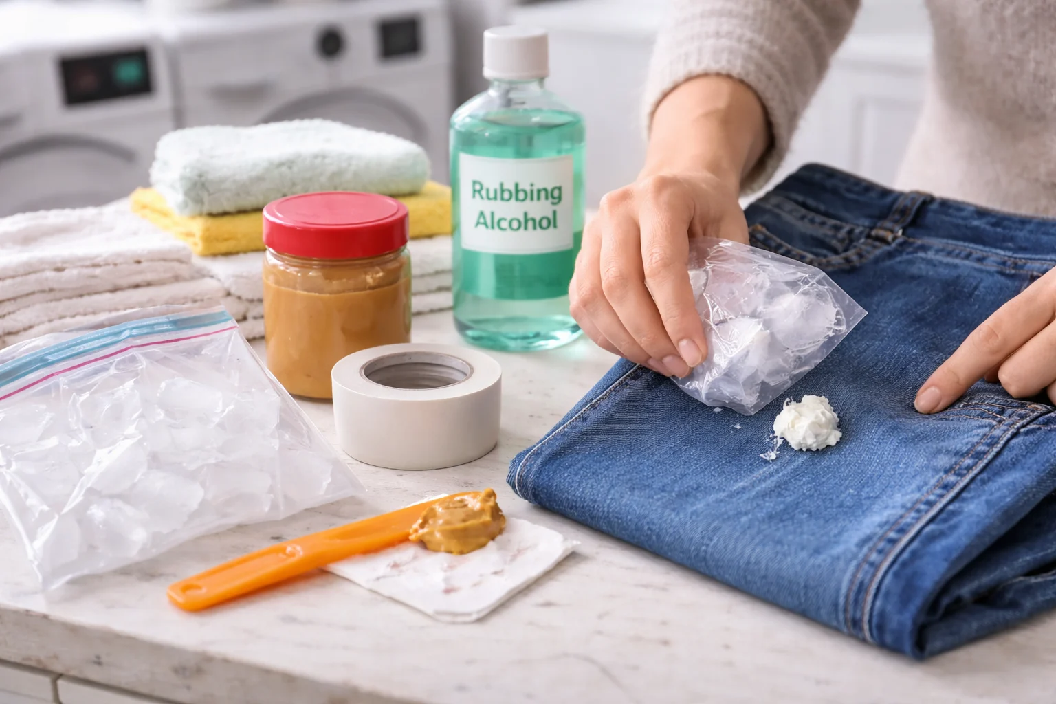 How to Get Chewing Gum Off Clothes – person using ice to remove chewing gum from denim jeans on a laundry counter.