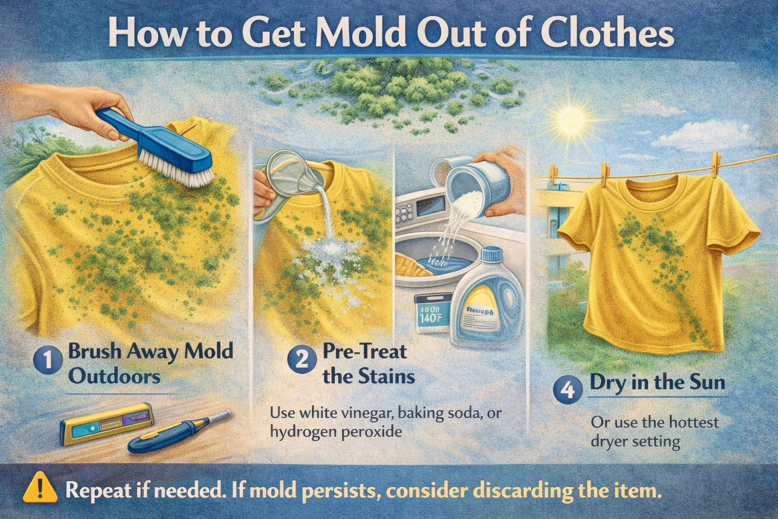 How to Get Mold Out of Clothes" with step-by-step illustrations. The image shows brushing off mold, pre-treating stains with cleaning agents, washing the fabric, and drying it in the sun or with the hottest dryer setting.