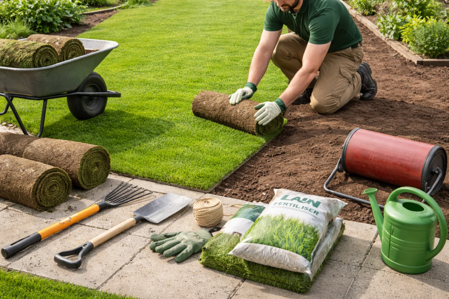 How to Lay Turf Like a Professional – gardener installing fresh turf rolls on prepared soil in a backyard lawn.