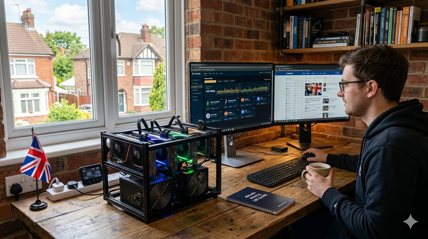 A beginner-friendly crypto mining setup in a UK home office showing a GPU rig and desktop monitors with dashboards explaining how to mine alt coins.