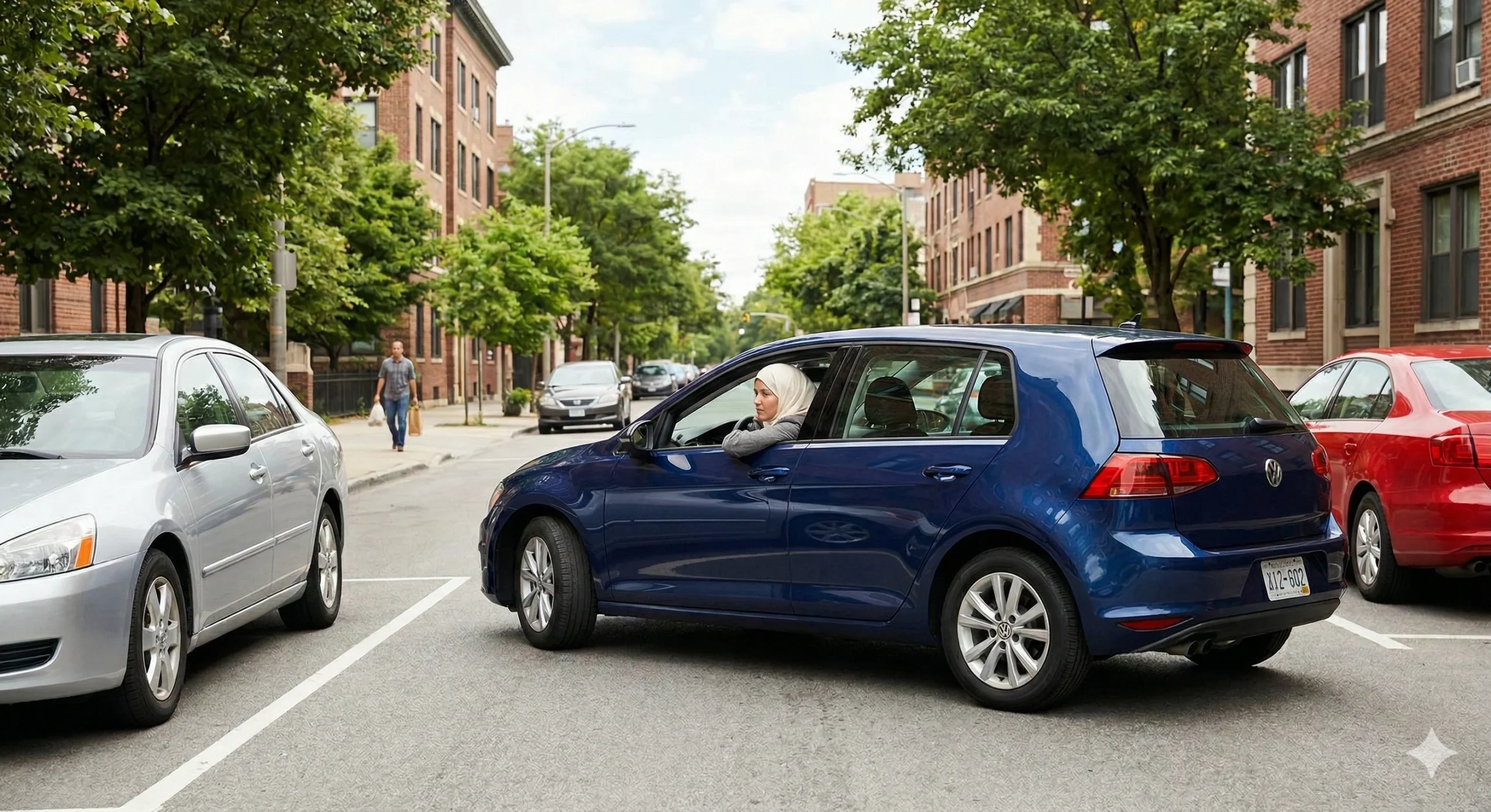 A woman wearing a white hijab reversing a blue Volkswagen Golf hatchback into a tight parallel parking space on a residential street, illustrating the process of How to Parallel Park between two other vehicles.
