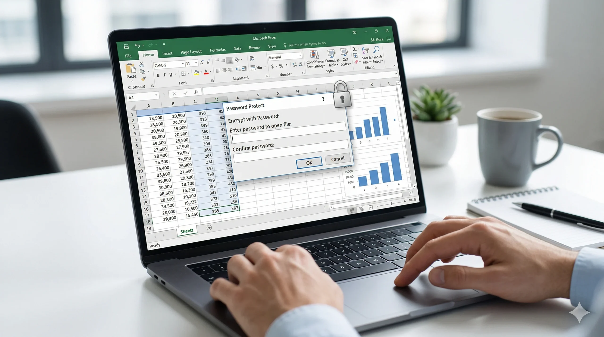A close-up of a person typing on a laptop with the standard Microsoft Excel "Password Protect" dialog box open on the screen, illustrating how to password protect an excel spreadsheet.
