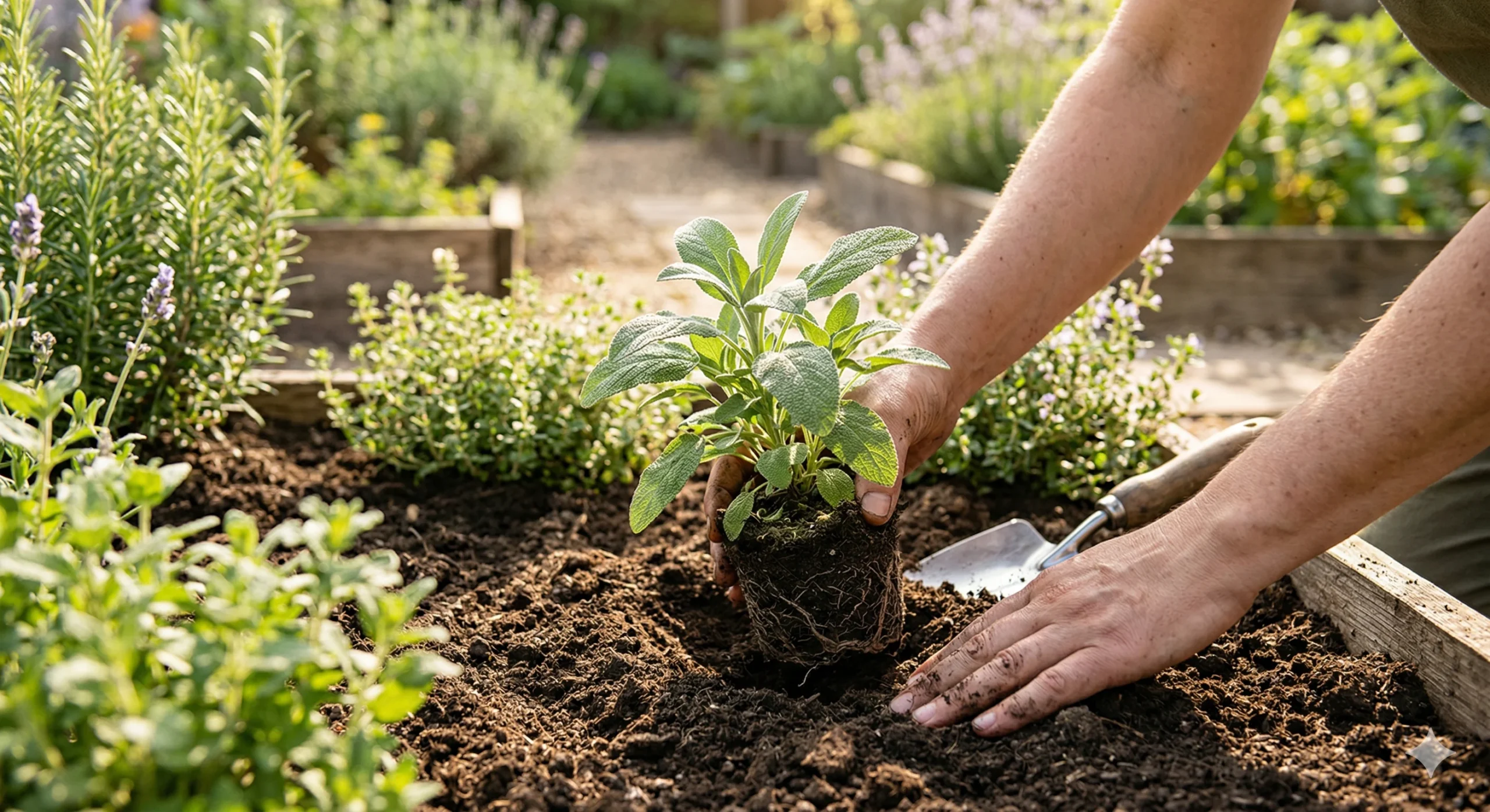 A close-up view of hands gently guiding a small common sage seedling with a healthy root ball into a prepared soil hole in a raised garden bed, demonstrating How to Plant Sage on a sunny afternoon.