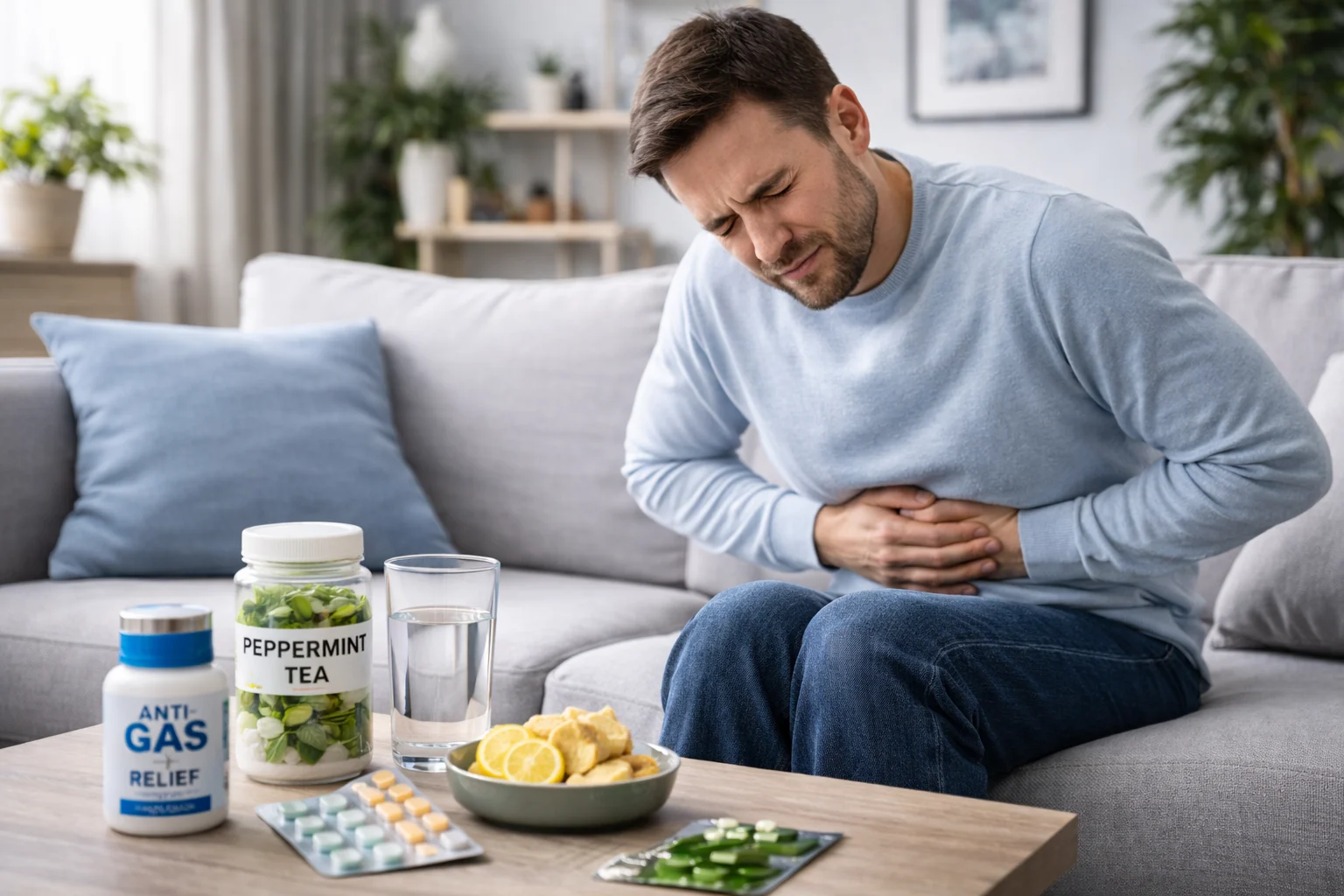 How to Relieve Trapped Wind – man sitting on a sofa holding his stomach with peppermint tea, anti-gas tablets, and natural remedies on the table.
