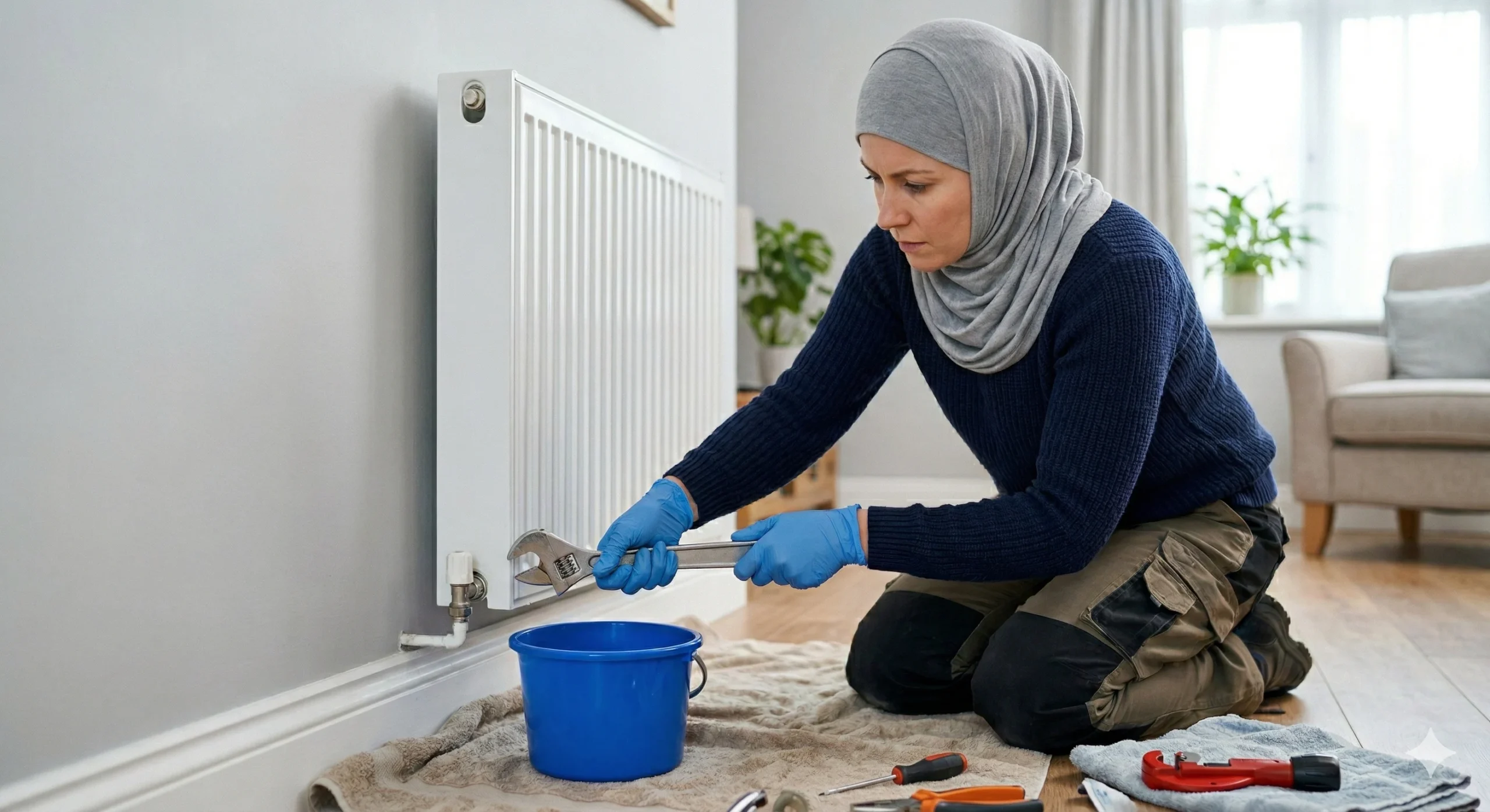 A woman in a work environment uses an adjustable wrench on a radiator valve connection, demonstrating a key step in how to remove a radiator.