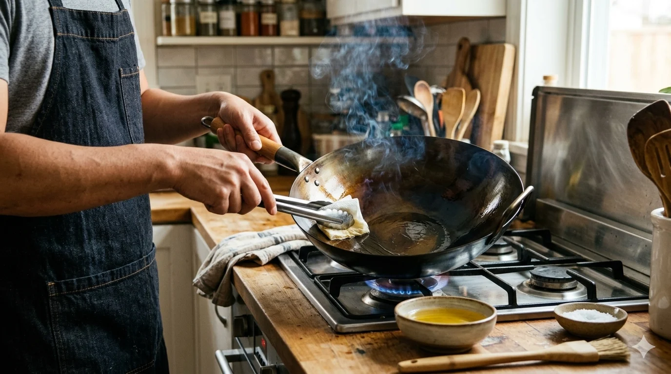 A person in a kitchen wiping oil into a smoky, hot wok with a gas flame beneath it, demonstrating How to Season a Wok.