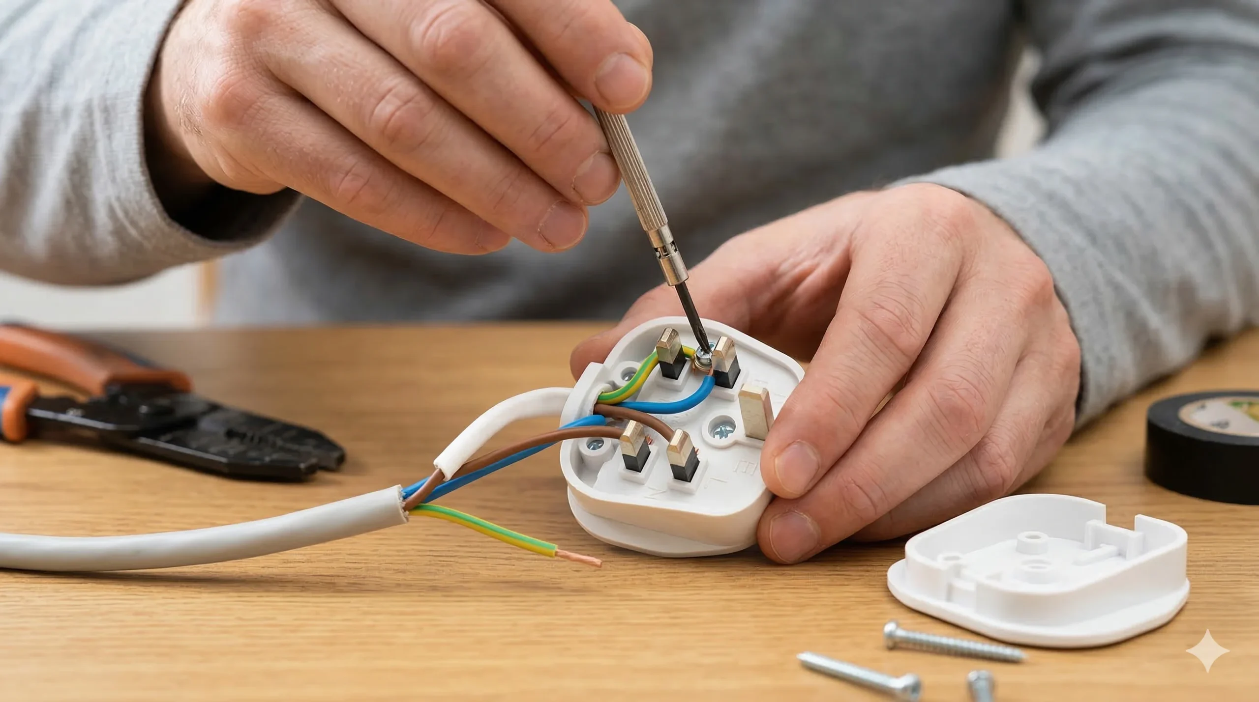 Close-up of hands demonstrating How to Wire a Plug by securing the internal wires of an open UK 3-pin plug with a precision screwdriver.