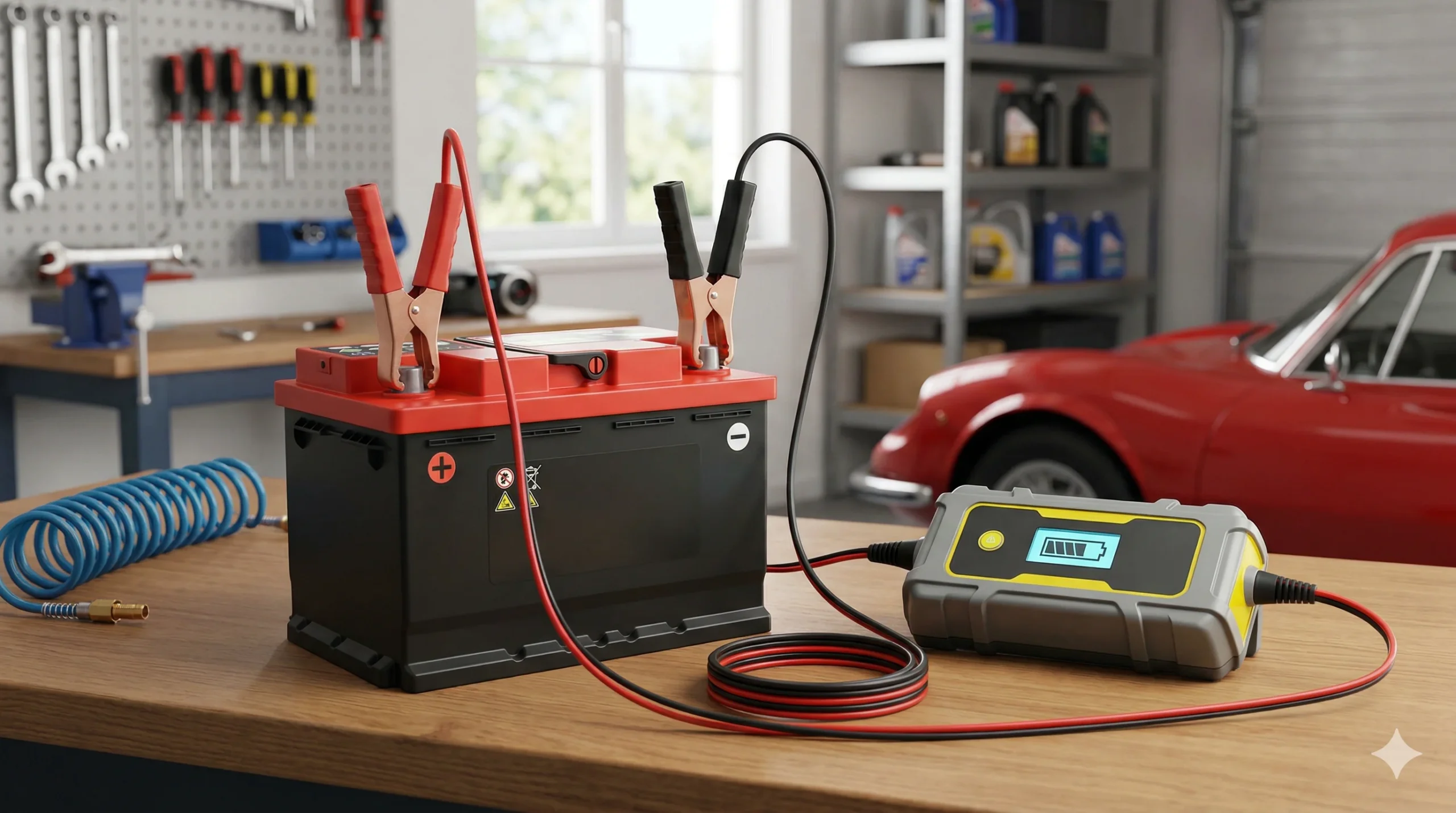 A modern smart charger connected to a standard 12V car battery on a workshop bench, providing visual context for a guide on how long to charge a car battery.