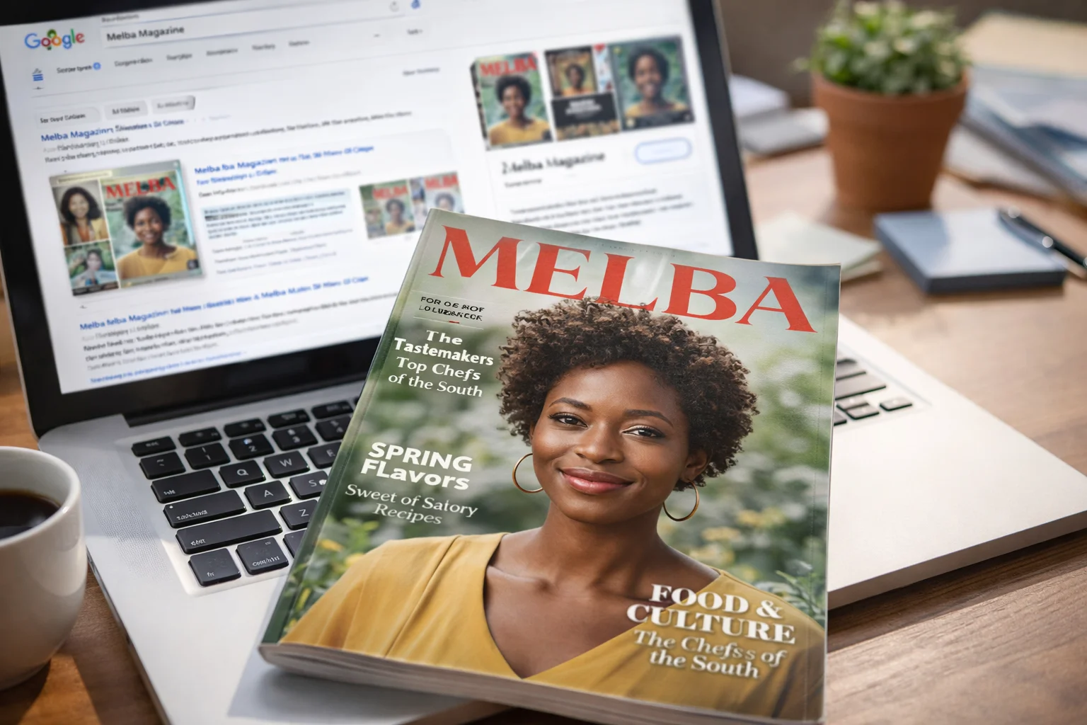 Melba Magazine displayed on a laptop keyboard with search results visible on the screen.