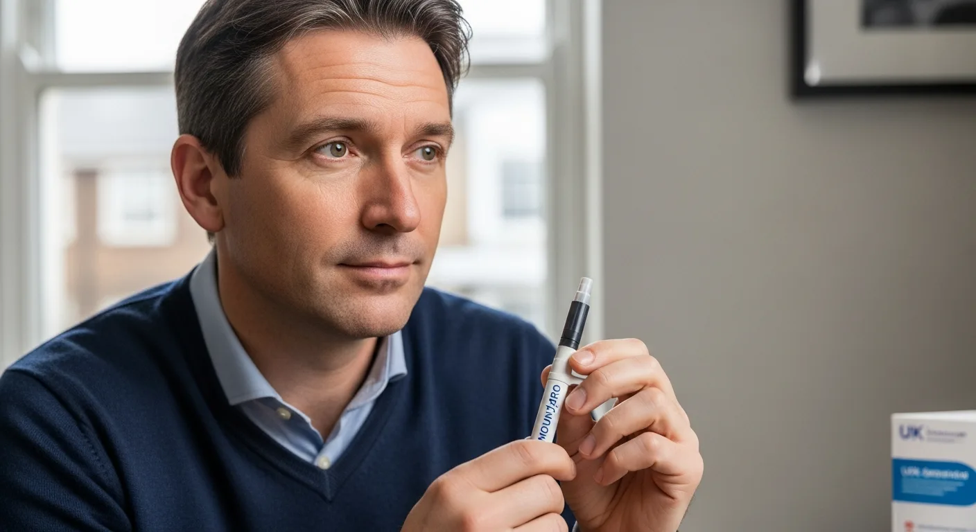 Man holding injection pen for How Long Does Mounjaro Take to Work? A Complete UK Guide.