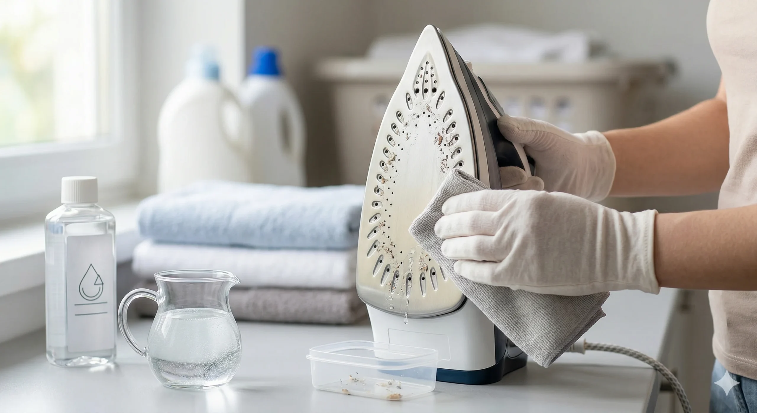 A step-by-step demonstration of how to clean iron plate, featuring gloved hands wiping scale and dirt from the soleplate of a vertical steam iron with a microfiber cloth.