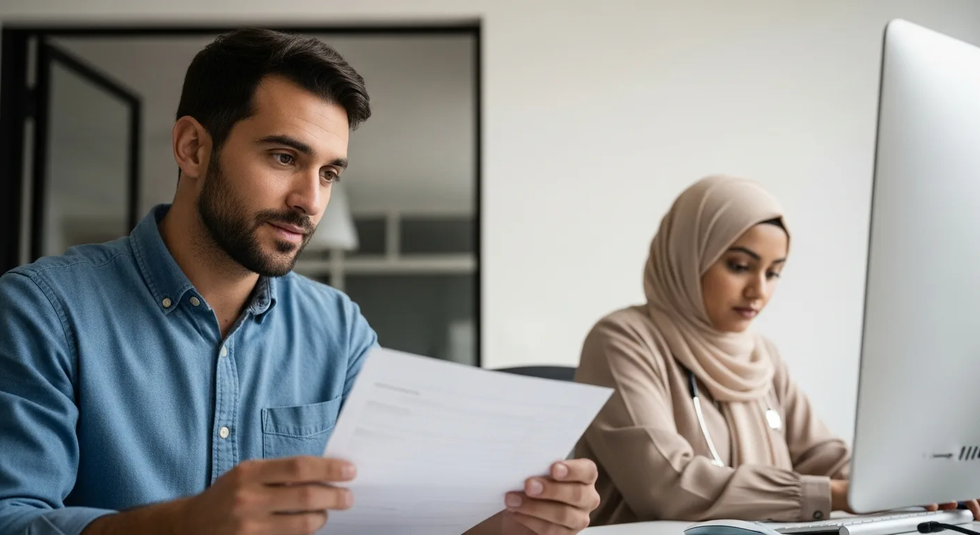 Man reviewing documents in a medical office as part of the How to Find Your NHS Number: Complete 2026 Guide.