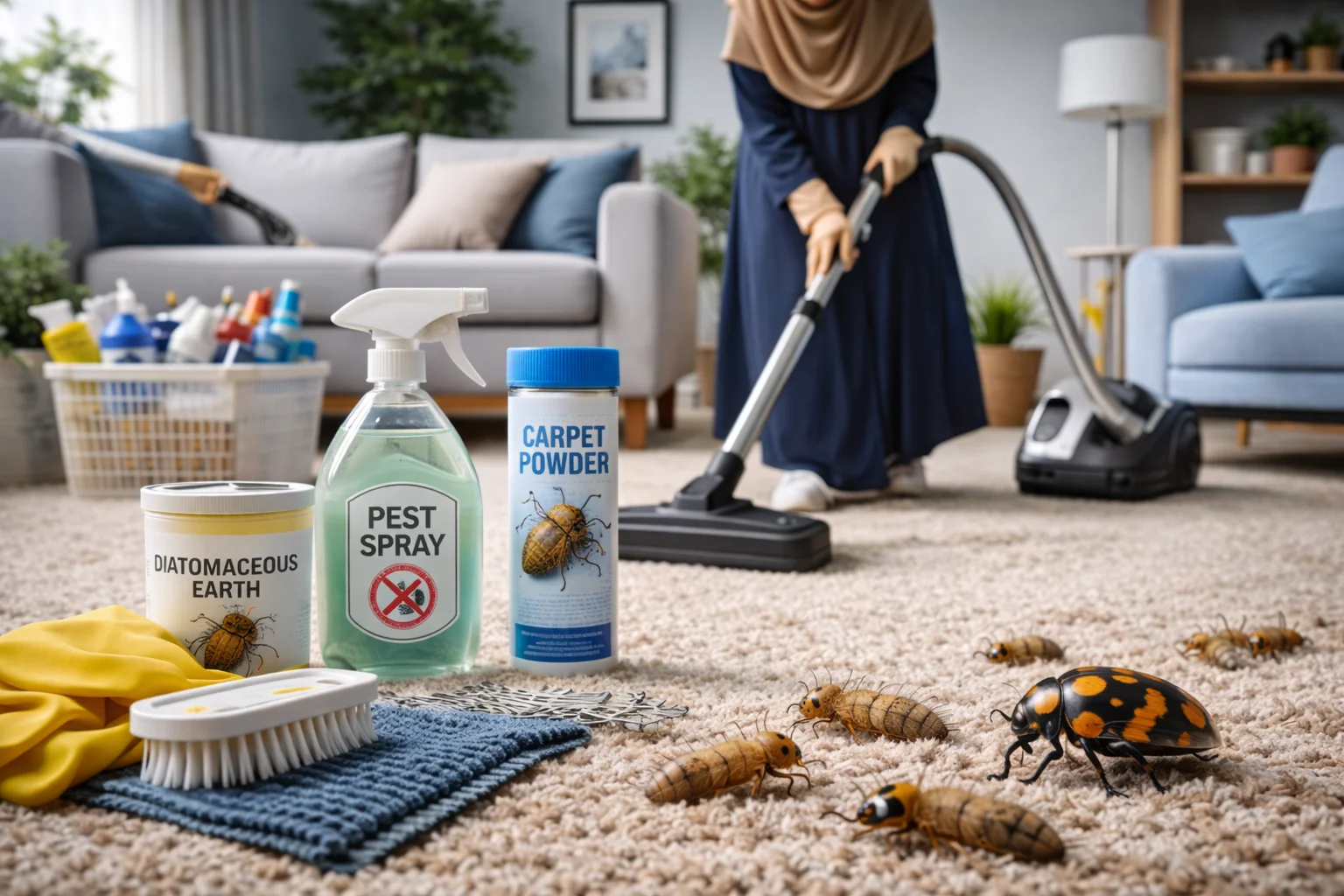 how to get rid of carpet beetles – woman wearing hijab vacuuming carpet while pest control products and carpet beetles are visible on the floor in a living room.