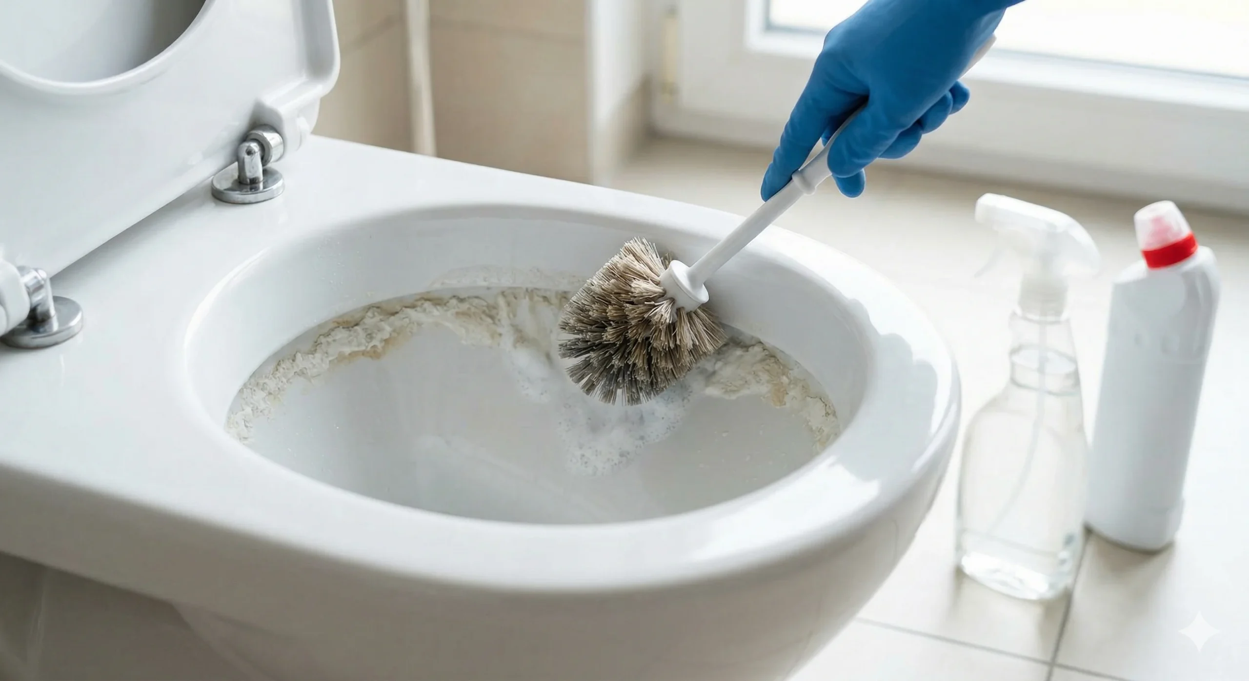 A close-up showing a hand in a blue rubber glove scrubbing significant crusted brown and white limescale from a toilet bowl with a brush, demonstrating a practical method for anyone searching for how to get rid of limescale in toilet.